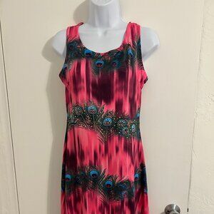 Pink & Multi Color Peacock Dress Size Small   Sundress, Beach, Casual,